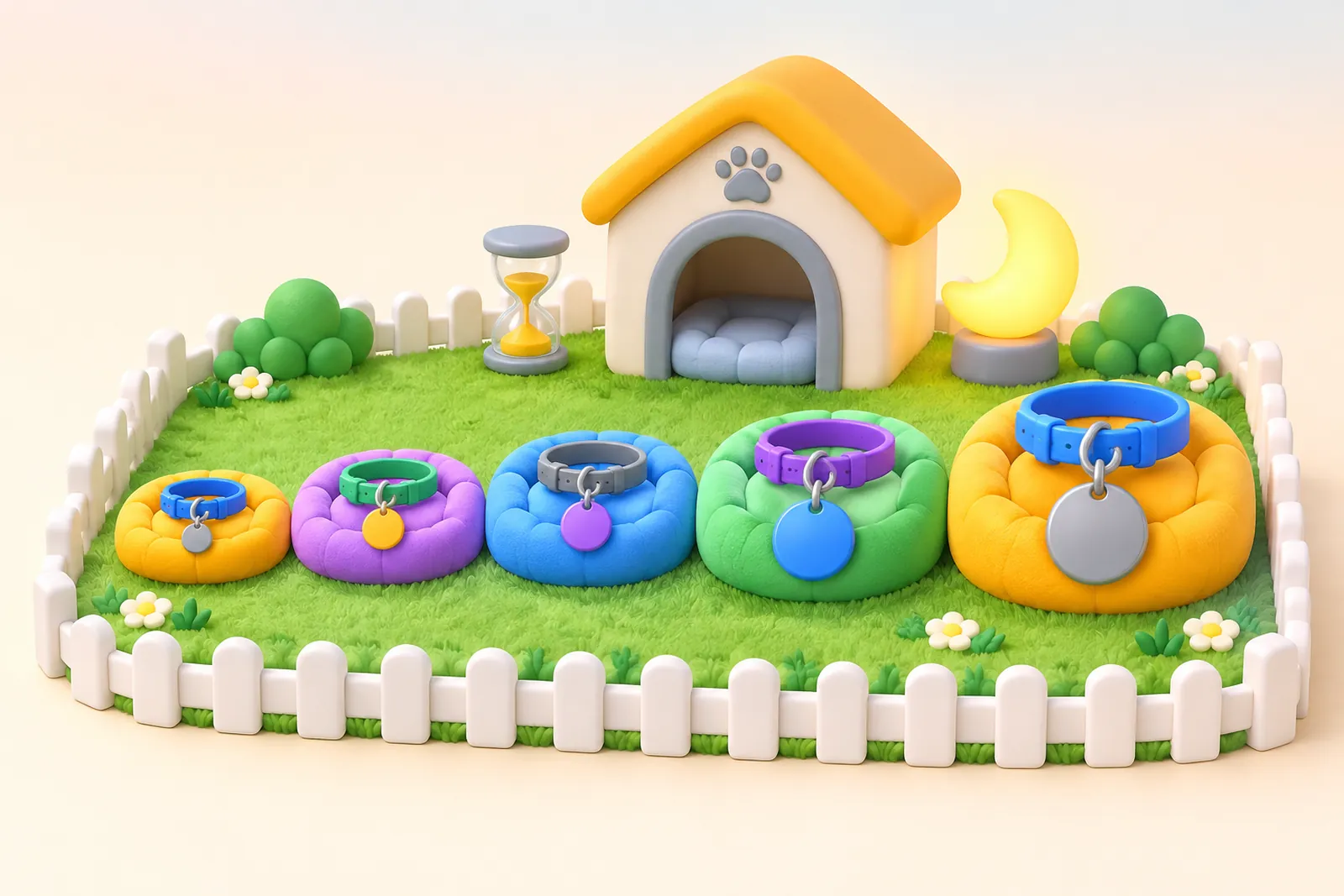 Five cushion pet beds inside a picket fence, collar tags growing bigger from left to right, a tiny house and an hourglass