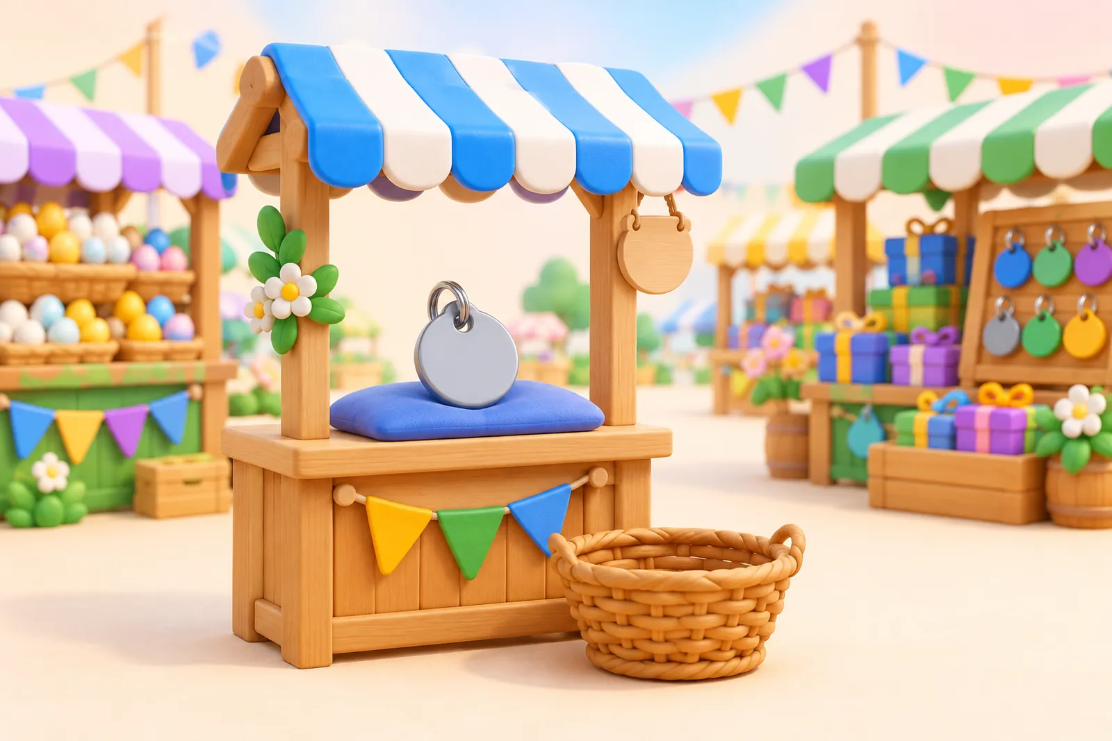 A lonely market stall with one grey pet tag and an empty basket while busy stalls stand behind it