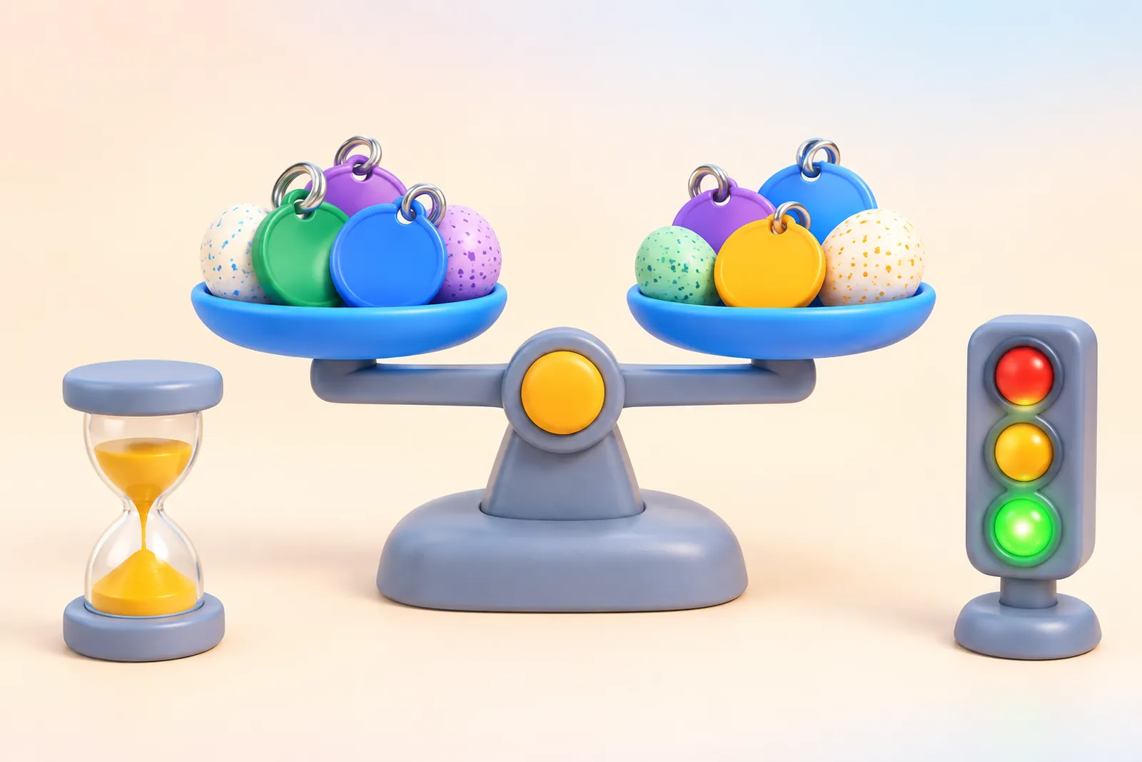 A nearly level balance scale with tags and eggs on both trays, a sand timer and a green-amber-red toy light