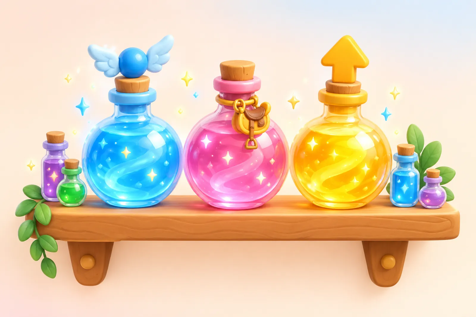 Three glowing potion bottles on a shelf: one with wings, one with a saddle charm and one with an upward arrow