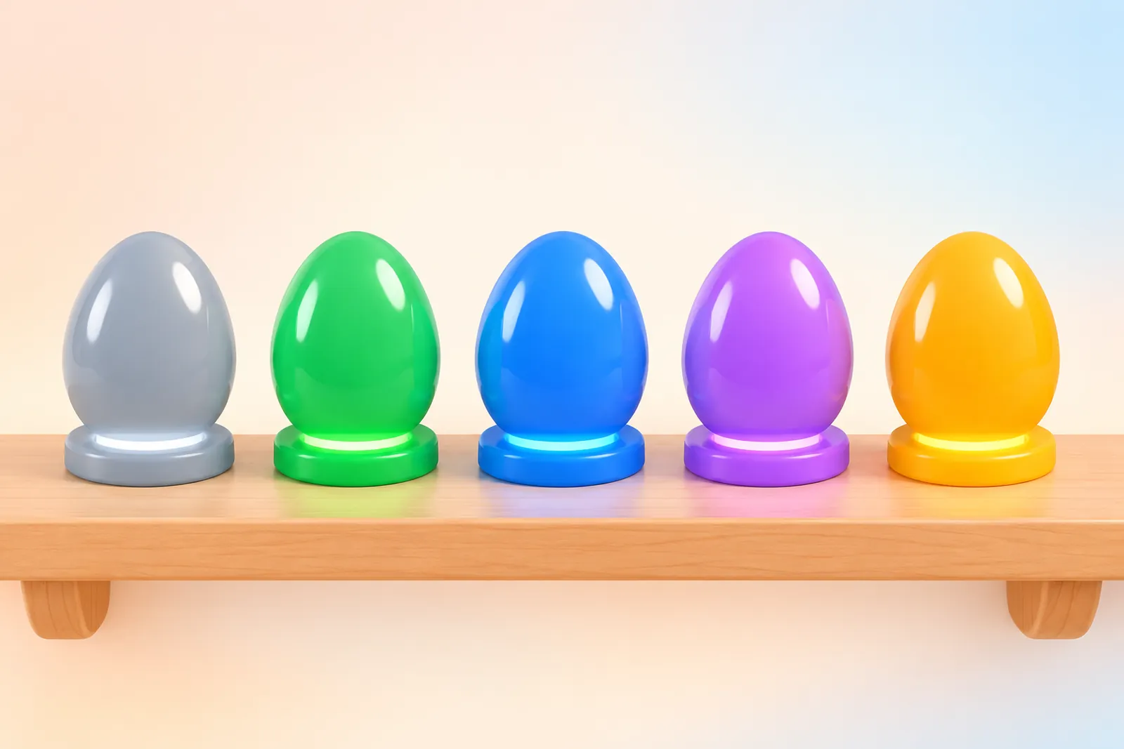 Five glowing eggs in a row: grey, green, blue, purple and golden orange