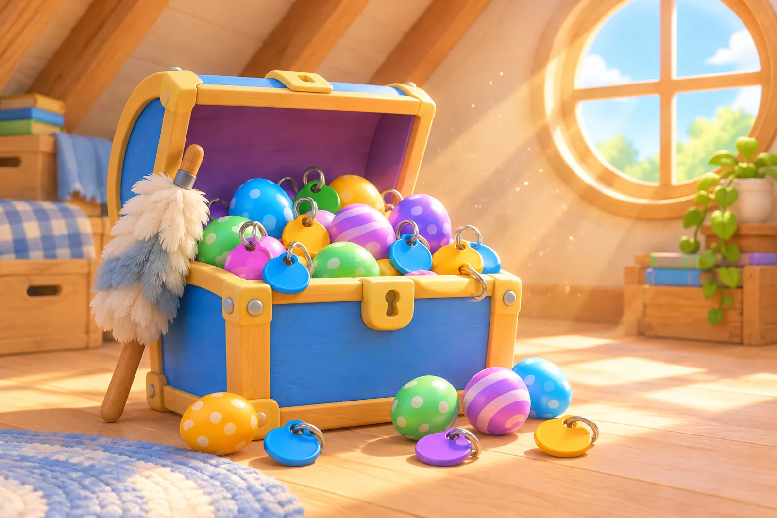 An open treasure chest full of glowing eggs and pet tags in a sunbeam, a feather duster beside it