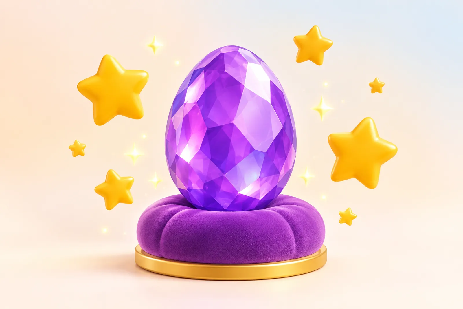 A purple gemstone egg on a velvet pedestal surrounded by floating golden stars