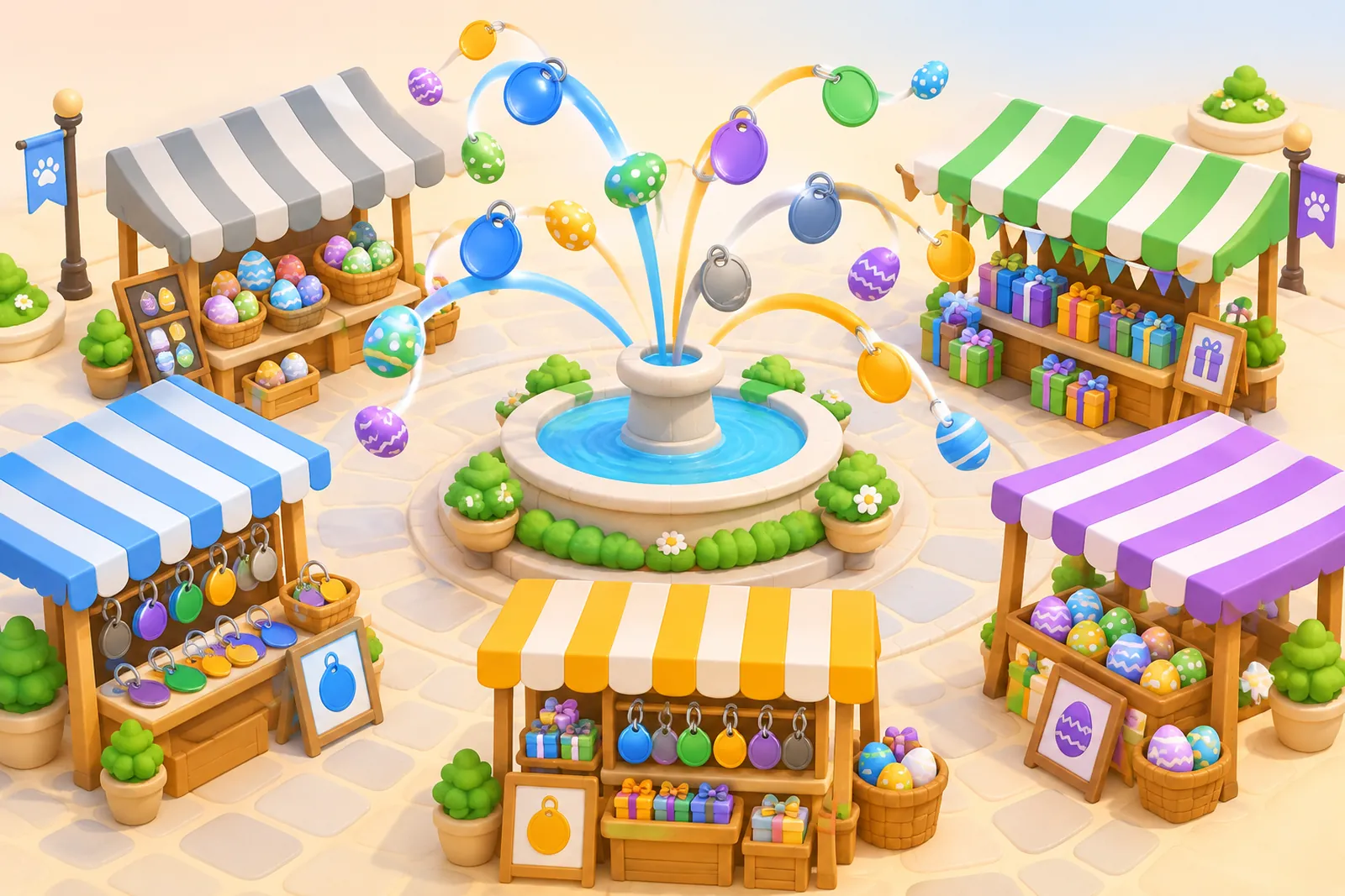 A toy market plaza with colorful stalls and a central hub sending eggs and tags flying between them
